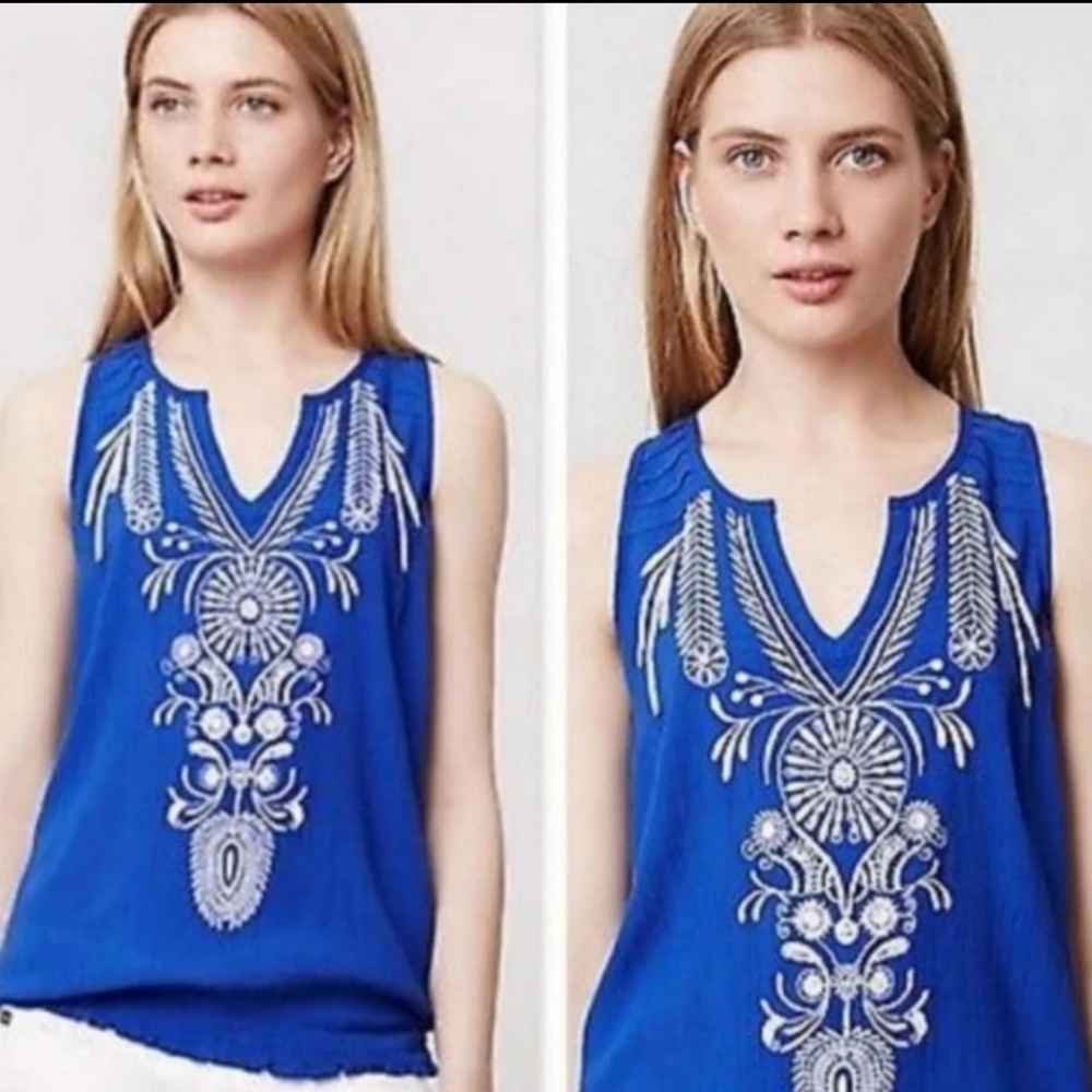 Anthropologie Lilka Sathya Embroidered Beaded Blouse Boho Sleeveless Blue Small
